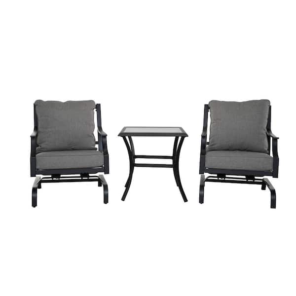 3-Piece Metal Outdoor Bistro Chat Set Patio Furniture Conversation Set with Side Table, Gray Cushion