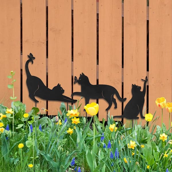 20.5 in. H Garden Stake Multi-functional 2-in-1 Black Metal Cat Silhouette Pick Decor (Set of 3)