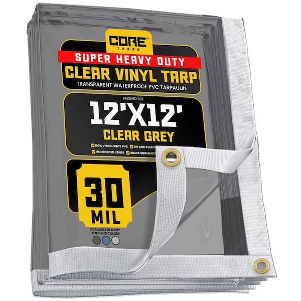 CORE TARPS 12 ft. x 12 ft. Clear Grey Extreme Heavy Duty 30 Mil Vinyl Plastic Tarp, Waterproof, UV Protection, with Metal Grommets