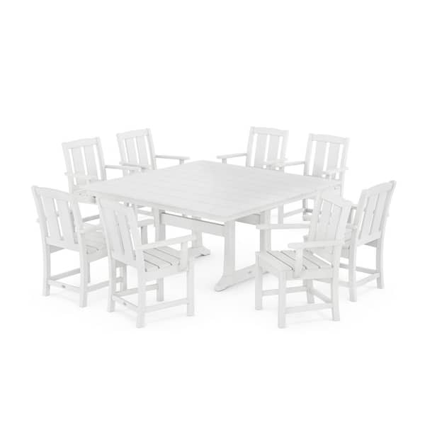 POLYWOOD Mission 9-Piece Farmhouse Trestle Plastic Square Outdoor Dining Set in White