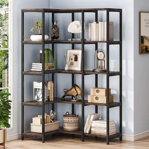 Eulas 40.5 in. W Rustic Brown 5-Shelf L-shaped Corner Bookcase with Open Storage