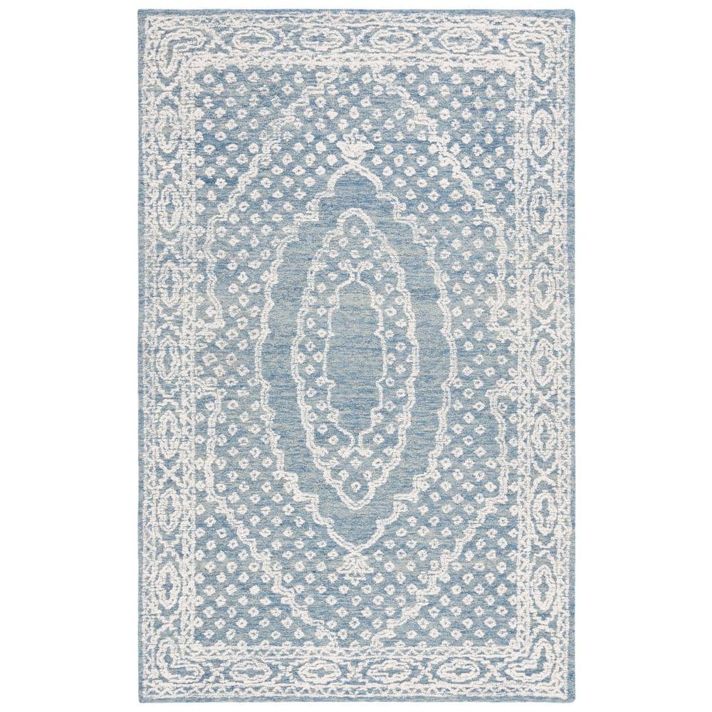 Ivory and Navy Tufted Handmade Wool Area Rug, 6' x 9'