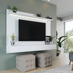 White Wall Mounted Floating Entertainment Center Fits TV up to 70 in., Home Theater with LED Strip, Pull-Out Drawers