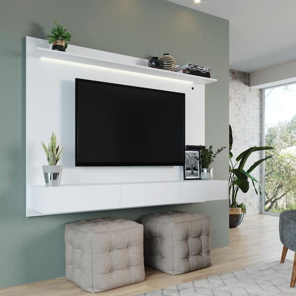 White Wall Mounted Floating Entertainment Center Fits TV up to 70 in., Home Theater with LED & Pull-Out Drawers