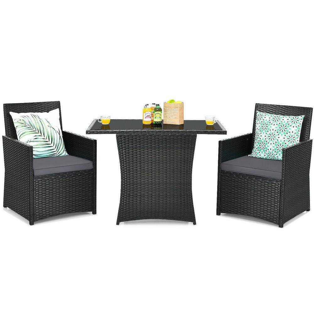 FORCLOVER 3Piece Wicker Patio Conversation Set with Gray Cushions and Glasstop Table COWY