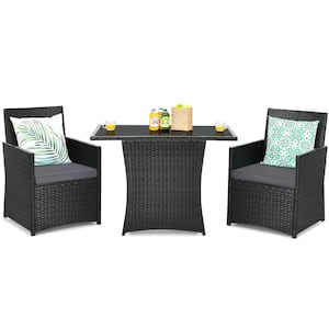 3-Piece Wicker Patio Conversation Set with Gray Cushions and Glass-top Table