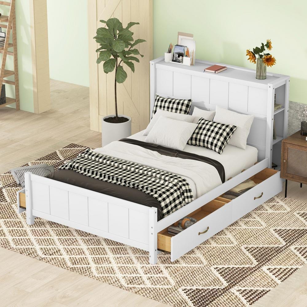 Harper & Bright Designs White Wood Frame Full Size Platform Bed with 4 ...