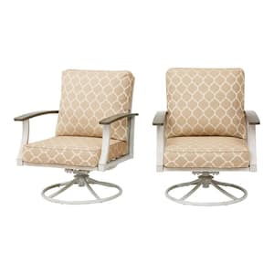 Marina Point White Steel Outdoor Patio Swivel Lounge Chair with CushionGuard Toffee Trellis Tan Cushions (2-Pack)