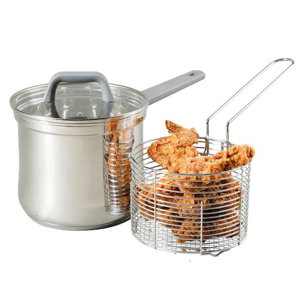 3.65 Quart Stainless Steel Deep Fryer Pot with Basket and Glass Lid