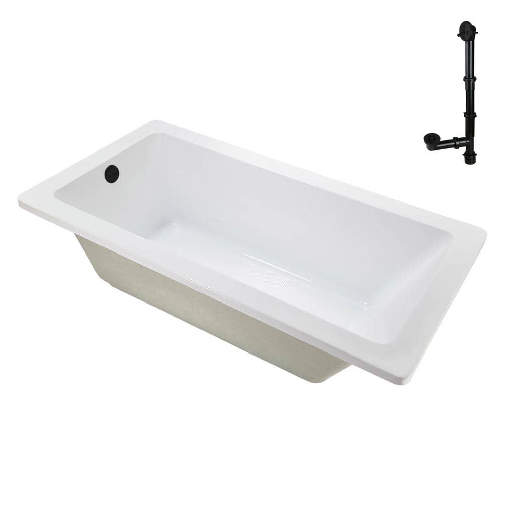 66" x 34" Glossy White Acrylic Soaking Drop-In Bathtub with Matte Black Trim