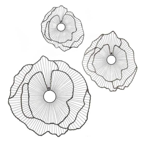 27.2 in. x 28.5 in. Gold Set of 3 Metal Work Flowers Wall Decor, Transitional Wall Floral Sculpture