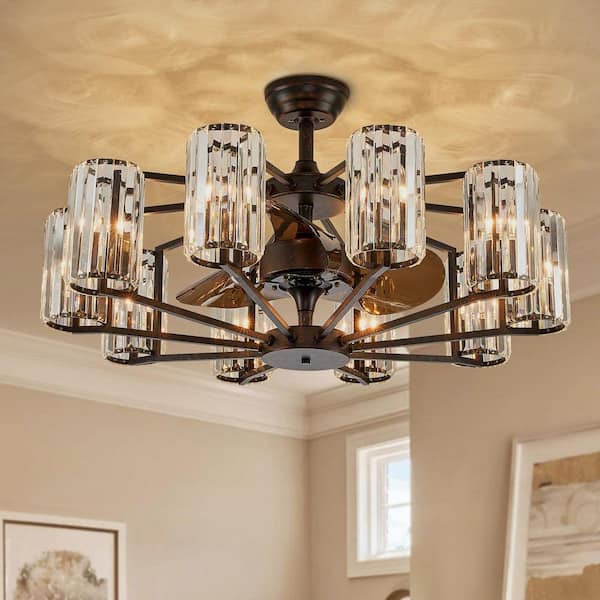 36 in. 10-Light Vintage Downrod Mount Fandelier Oiled Red Bronze Crystal Glass Caged Ceiling Fan with Remote (No Bulbs)