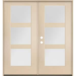 BRIGHTON Modern 72 in. x 80 in. 3-Lite Right-Active/Inswing Satin Glass Unfinished Double Fiberglass Prehung Front Door