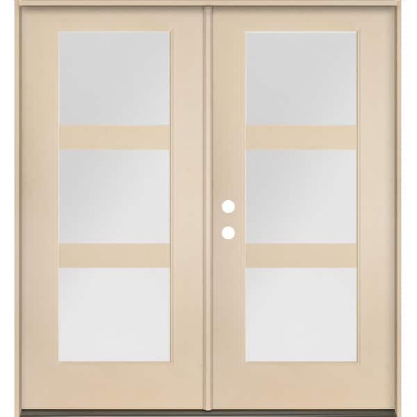Krosswood Doors BRIGHTON Modern 72 in. x 80 in. 3-Lite Right-Active/Inswing Satin Glass Unfinished Double Fiberglass Prehung Front Door