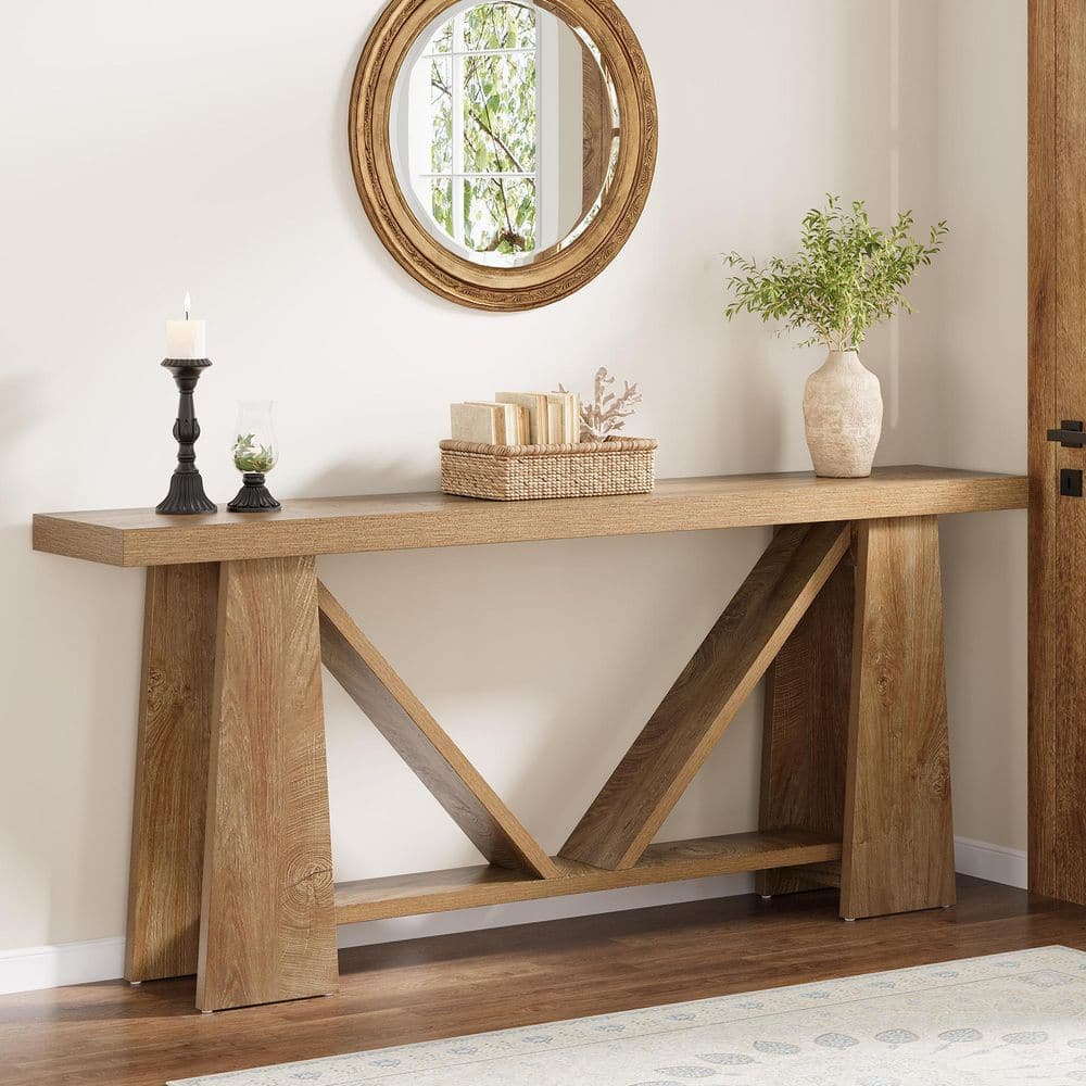 BYBLIGHT Turrella 71 in. Brown Rectangle Wood Extra Long Console Table ...