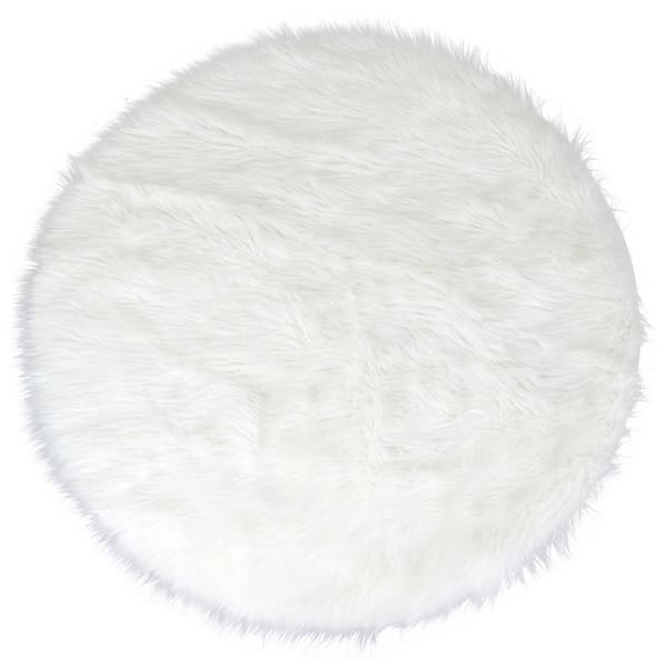 Glamour Home Alair White Round Faux Fur, White Furry Area Rug