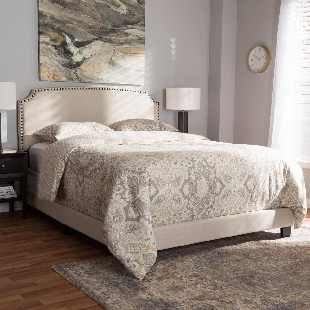 Light Beige Upholstered King Bed with Nailhead Trim