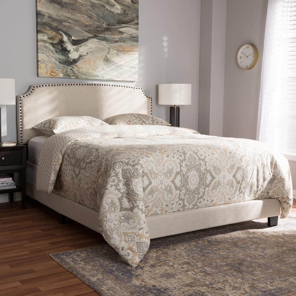 Light Beige Upholstered King Bed with Nailhead Trim