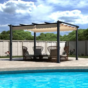 10 ft. x 10 ft. Beige Aluminum Outdoor Patio Pergola with Retractable Sun Shade Canopy Cover