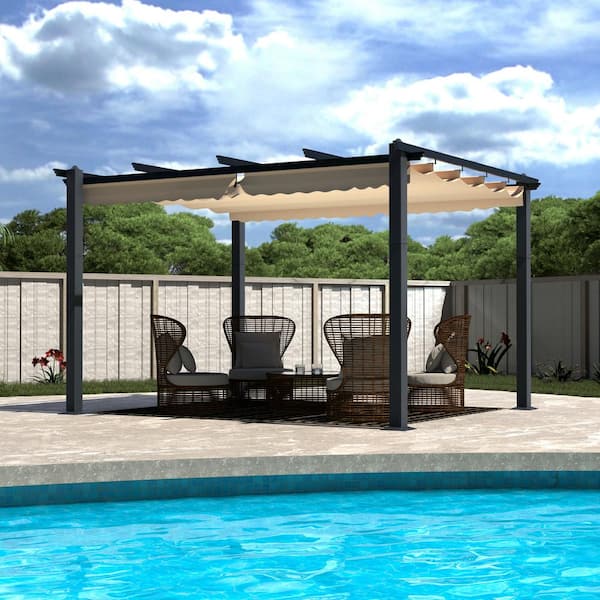 VEIKOUS 10 ft. x 10 ft. Beige Aluminum Outdoor Patio Pergola with Retractable Sun Shade Canopy Cover