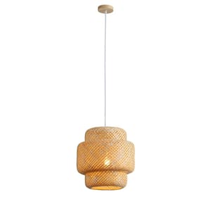 1-Light Pewter Natural Material Bamboo Cylinder Pendant Lighting with Woven Rattan Shade