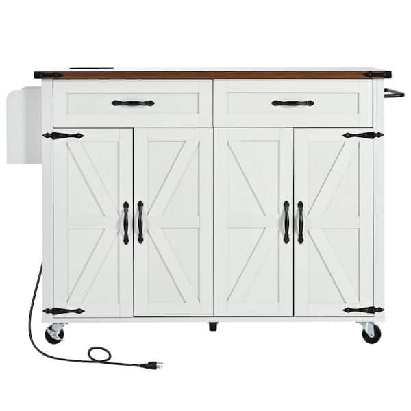 Zeus & Ruta White Outdoor Wood Tabletop Grill Cart for BBQ, Patio Cabinet with Power Outlet, Drop Leaf, Spice Rack