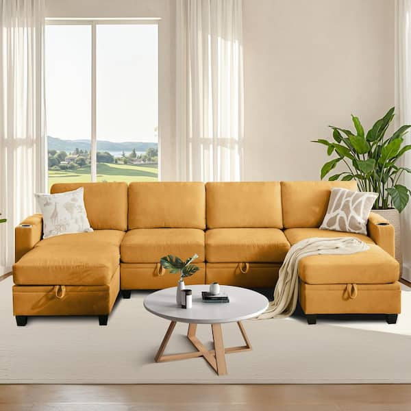 Modern 117.4 in. Gold Chenille Square Arm U-Shaped Storage Sofa with Cup Holder and Two Ottomans for Living
