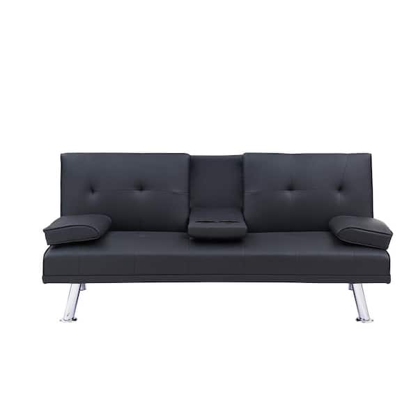 URTR Modern 31 in. Armless Leather Upholstered Multifunctional Straight Folding Sofa, Sofa Bed with Coffee Table in Black