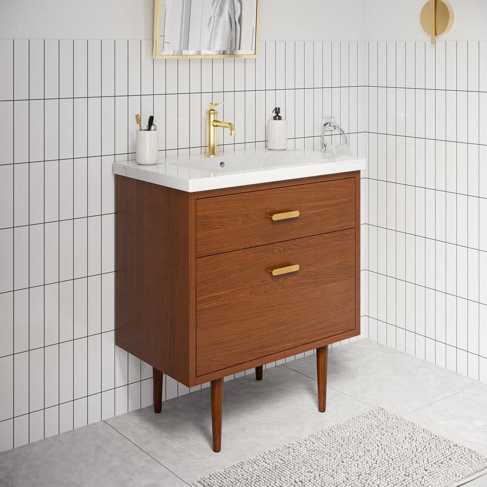 Honey Walnut 30" Freestanding Vanity with Integrated Ceramic Sink