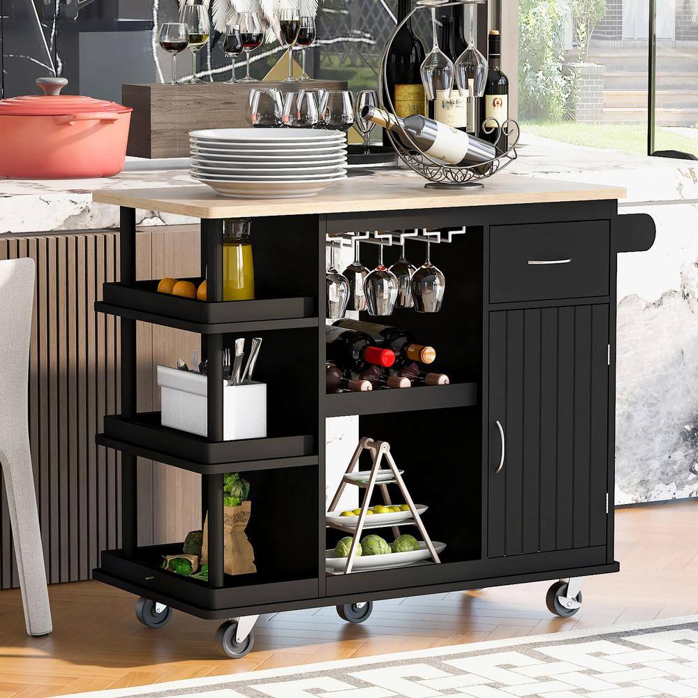 Black Wood 40 in. Kitchen Island with 5Wheels Adjustable Storage