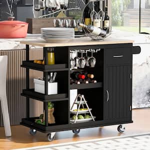 Black Wood 40 in. Kitchen Island with 5-Wheels Adjustable Storage Shelves for Dining Room Kitchen