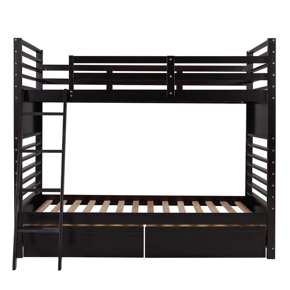 STICKON Espresso Brown Twin Over Twin Size Wood Bunk Bed with 2 Drawers ...