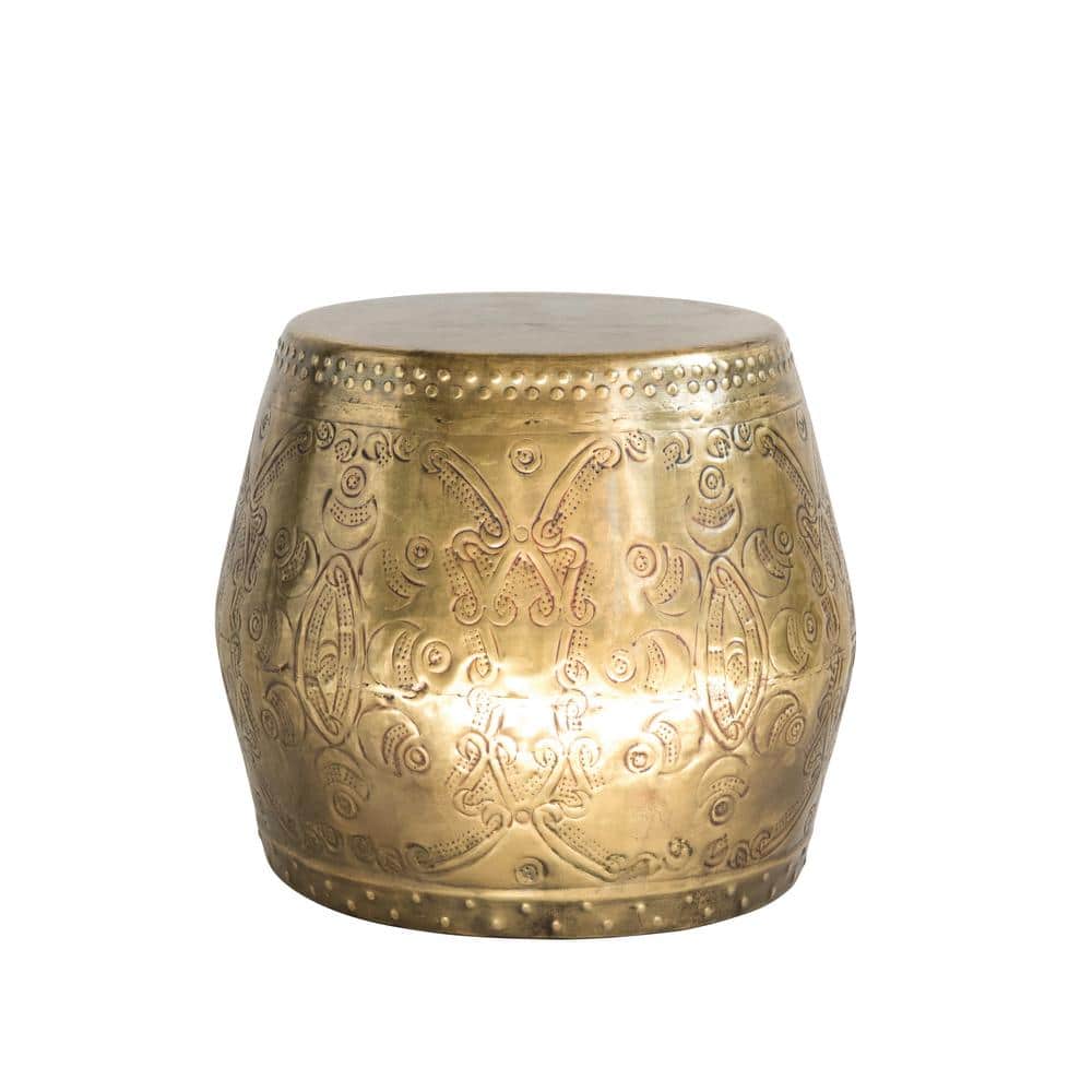 Debossed Metal Drum Table Antique Brass Finish