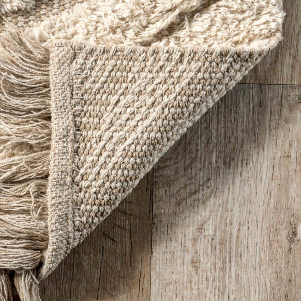 Ivory Hand-Tufted Cotton and Wool Shag Area Rug, 9' x 12'