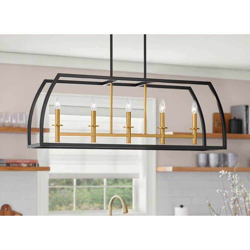 Copper Hill 5-Light Black and Antique Gold Farmhouse Linear Chandelier Light Fixture with Caged Metal Shade price history on PriceWatchPro