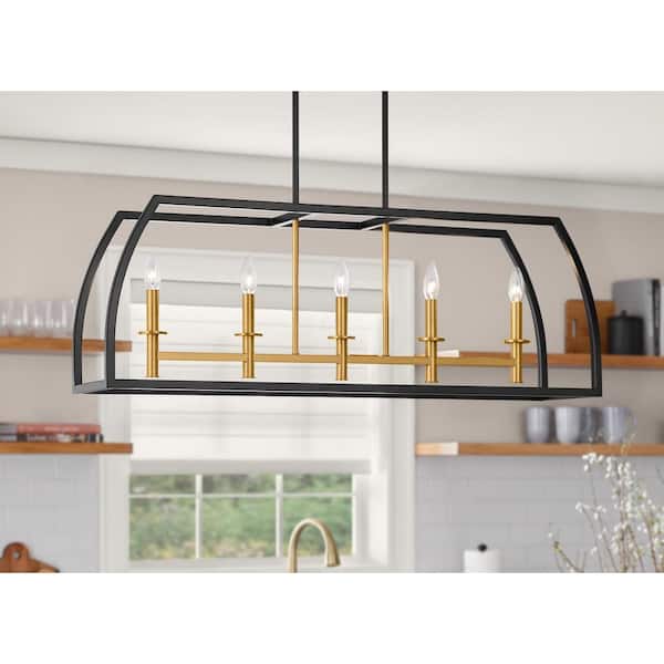 Hampton Bay Copper Hill 5-Light Black and Antique Gold Farmhouse Linear Chandelier Light Fixture with Caged Metal Shade