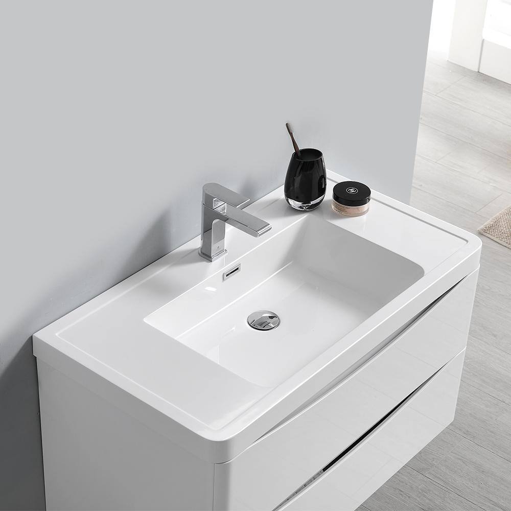 Glossy White 36" Wall Mount Bathroom Vanity with Integrated Sink