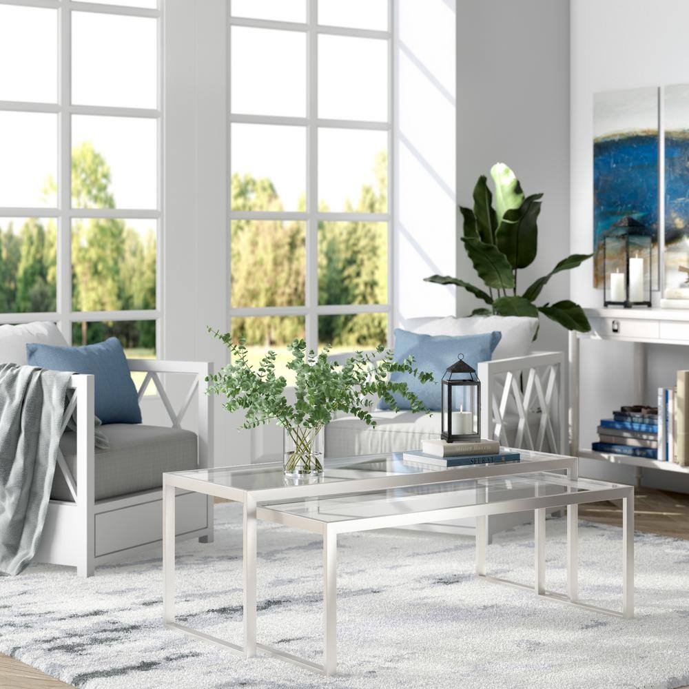 Satin Nickel Rectangular Nesting Coffee Table Set with Glass Tops