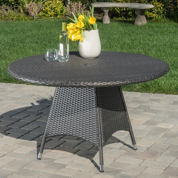 Noble House Octavia Grey Round Faux Rattan Outdoor Dining Table