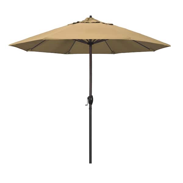 California Umbrella 9 ft. Bronze Aluminum Market Patio Umbrella Auto Tilt Crank Lift in Champagne Olefin