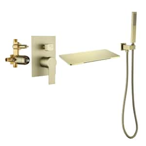 Single-Handle Wall Mount Roman Tub Faucet with Hand Shower and Waterfall in Brushed Gold