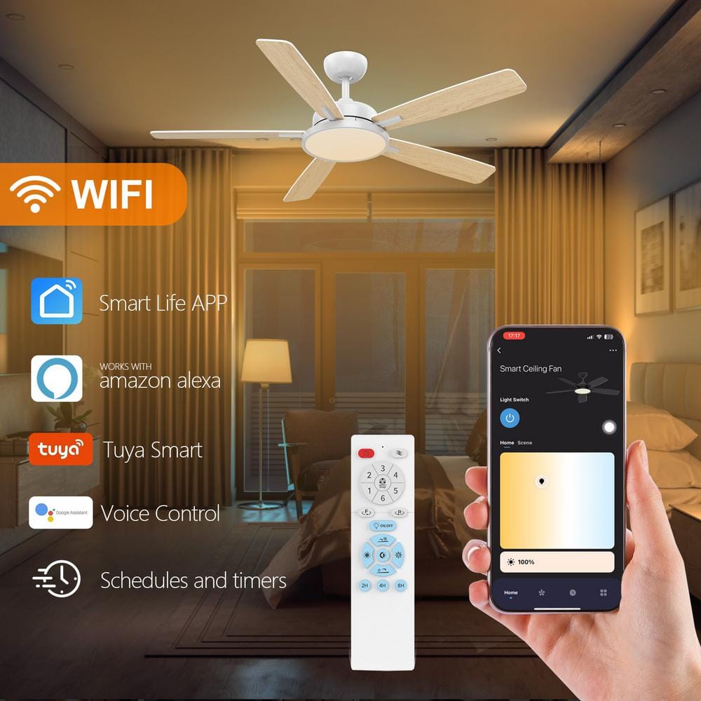 52-Inch White and Light Brown Smart Ceiling Fan with LED Light and Remote