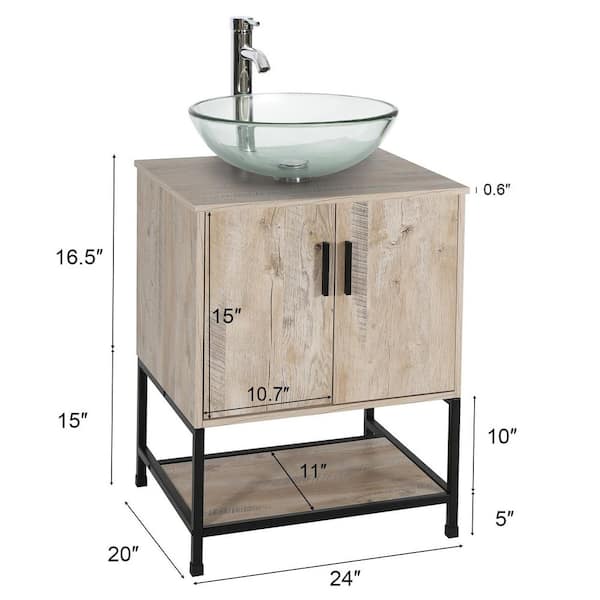 24 in. W x 20 in. D x 31.5 in. H Freestanding Bath Vanity in Oak with Clear Tempered Glass Sink Top and Drain Faucet Set
