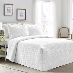 French Country Geo Ruffle Skirt 3-Piece White King Bedspread Set