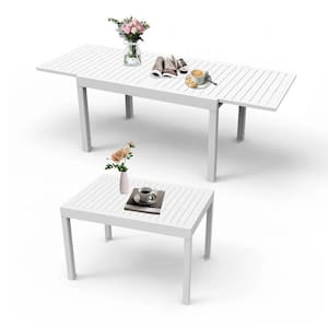 Ivory White Aluminum Extendable Outdoor Dining Table for 4-6 Person with E-Coating, Weather Resistant and Anti-Slip Feet
