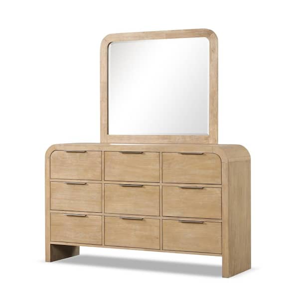 Falkner Modern Natural Wood 9 Drawer 63 in. Wide Dresser With Mirror