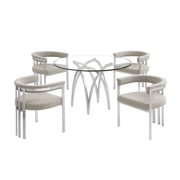 Best Quality Furniture Bayton 5-Piece Clear Tempered Glass Top Brushed Matte Chrome-Plated Base Dining Set With 4 Grey Boucle Fabric Chairs