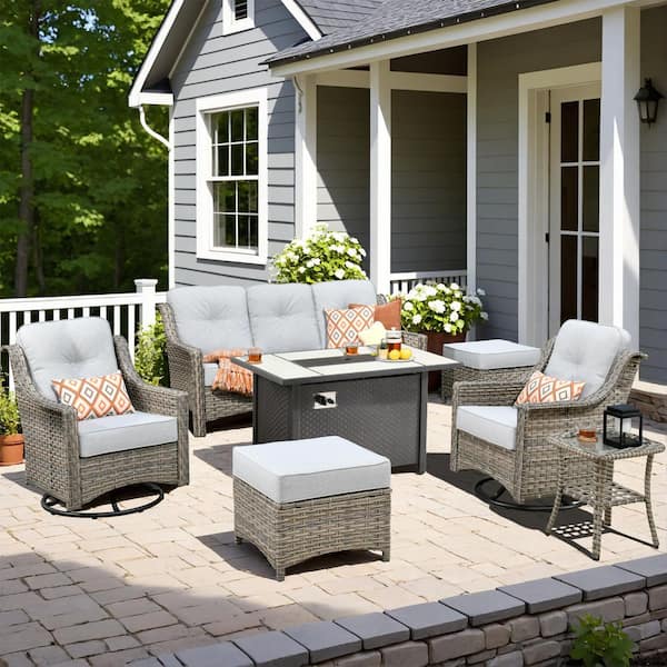 HOOOWOOO Verona 7-Piece Wicker Outdoor Patio Fire Pit Furniture Conversation Sofa Set with Swivel Chairs and Light Grey Cushions