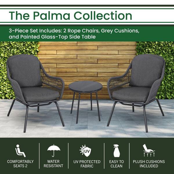 Hanover Palma 3 Piece Metal Outdoor Bistro Chat Set with 2 Rope Chairs Gray Cushions and Black Painted Glass Top Side Table PALMA3PC GRY The Home Depot