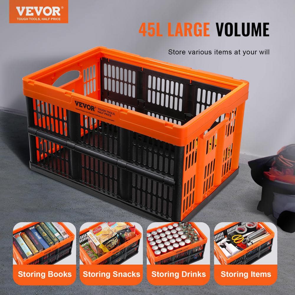 VEVOR 45L Orange and Black Collapsible Plastic Crate